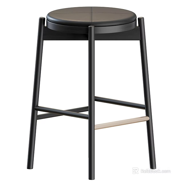 Modern Bar Stool With Black Metal Frame Round Seat And Wooden Footrest 3d model 