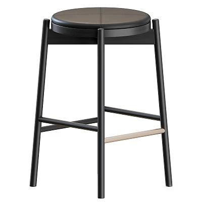 Modern Bar Stool With Black Metal Frame Round Seat And Wooden Footrest 3d model