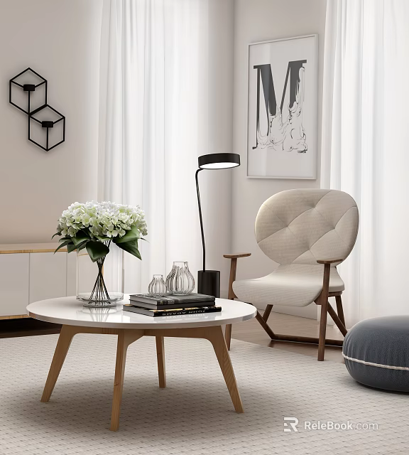 Leisure Chair With Beige Upholstery Wooden Armrests Button Tufted Back And Round Coffee Table 3d model 