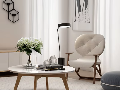 Leisure Chair With Beige Upholstery Wooden Armrests Button Tufted Back And Round Coffee Table 3d model