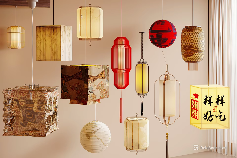 Traditional Chinese Colorful Lanterns with Various Hanging Styles and Intricate Designs 3d model 
