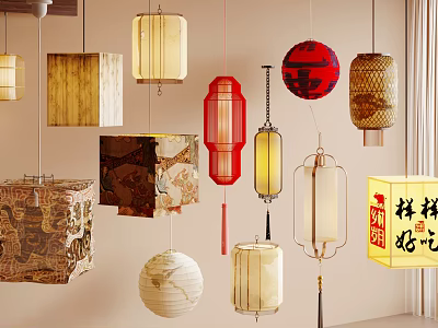 Traditional Chinese Colorful Lanterns with Various Hanging Styles and Intricate Designs 3d model