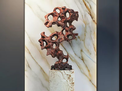 Artistic Decorative Ornament Set With Porous Red Brown Sculpture And Marble Base 3d model