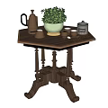 Dark Wooden Side Table with Carved Legs Green Plant Black Teapot Cups and Lidded Jar