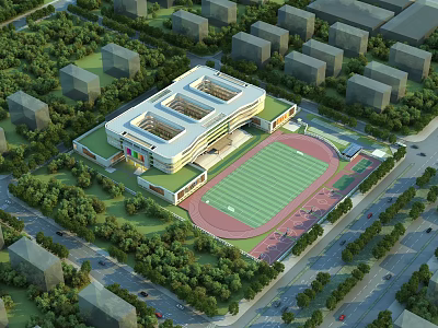 Large Modern School Building With Track And Field Stadium Green Trees And Surrounding Buildings 3d model