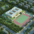 Large Modern School Building With Track And Field Stadium Green Trees And Surrounding Buildings