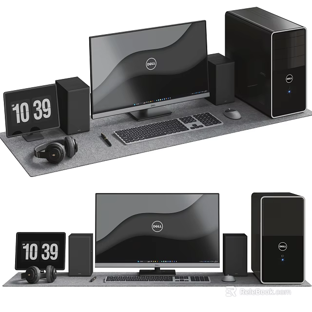 Modern Desktop Computer Setup With Monitor Tower Keyboard Mouse Headphones And Clock 3d model 