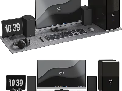 Modern Desktop Computer Setup With Monitor Tower Keyboard Mouse Headphones And Clock 3d model