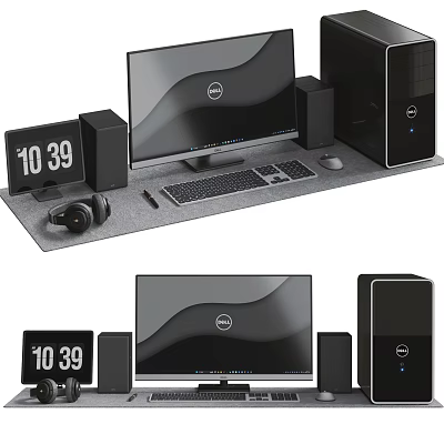 Modern Desktop Computer Setup With Monitor Tower Keyboard Mouse Headphones And Clock 3d model