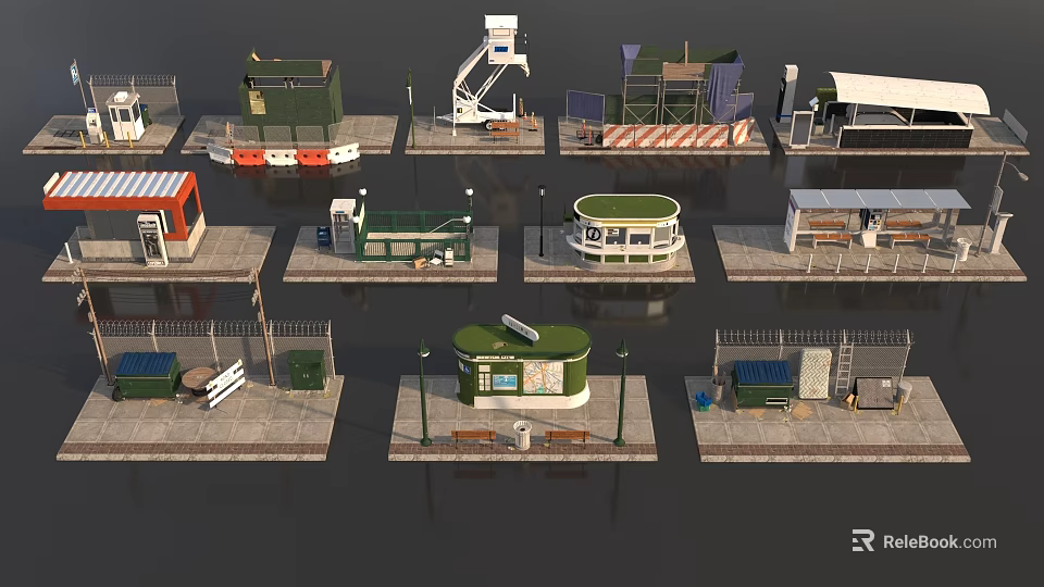 Diverse Scenery Components Collection Featuring Small Buildings Pavilions Facilities And Platforms 3d model 