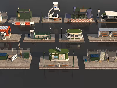 Diverse Scenery Components Collection Featuring Small Buildings Pavilions Facilities And Platforms 3d model