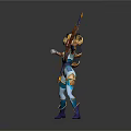 Red Haired Female Archer In Blue Armor Drawing Golden Creature Bow With Glowing Effects