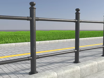 Black Metal Road Guardrail Along Sidewalk With Green Grass And Yellow Line 3d model