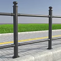 Black Metal Road Guardrail Along Sidewalk With Green Grass And Yellow Line