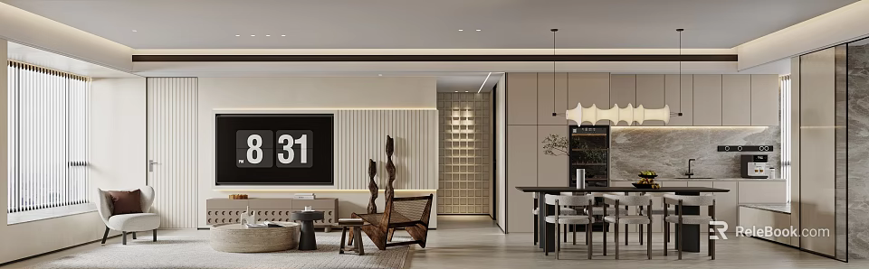 Modern Living Dining Room Interior With Open Concept Sofa Dining Table And Pendant Lights 3d model