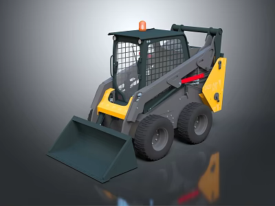 Yellow Gray Skid Steer Loader With Front Bucket Cabin Safety Net Orange Warning Light 3d model