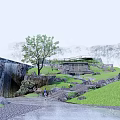 Natural Garden Landscape With Rock Waterfall Stream Stone Steps And Lush Grass