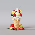 Tasty Ice Cream Cone Topped With Whipped Cream Fresh Strawberries Cherries And Mixed Fruits Around