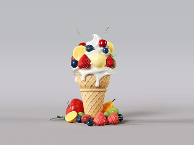 Tasty Ice Cream Cone Topped With Whipped Cream Fresh Strawberries Cherries And Mixed Fruits Around 3d model