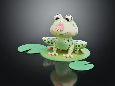 Cute Green Spotted Frog Figurine Sitting On Lily Pad With Pink Flower 3d model