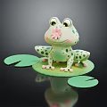 Cute Green Spotted Frog Figurine Sitting On Lily Pad With Pink Flower