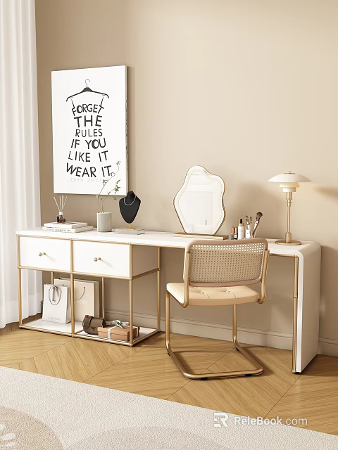 Modern Vanity Table With Rattan Chair Irregular Mirror Table Lamp Makeup Items And Wall Poster 3d model 