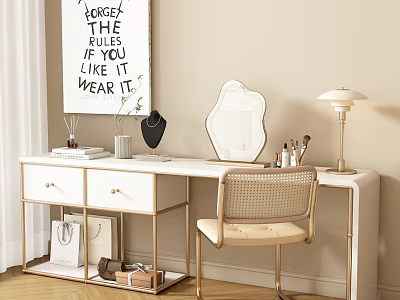 Modern Vanity Table With Rattan Chair Irregular Mirror Table Lamp Makeup Items And Wall Poster 3d model