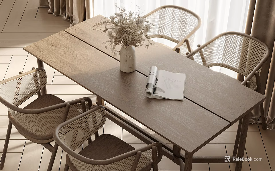 Natural Wooden Dining Table Set With Rattan Chairs Vase Dried Flowers And Magazine 3d model 