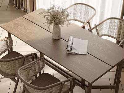 Natural Wooden Dining Table Set With Rattan Chairs Vase Dried Flowers And Magazine 3d model