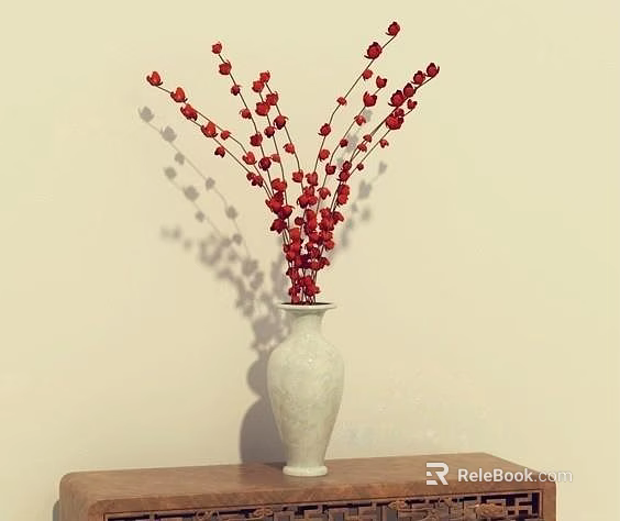 White Ceramic Vase with Red Flowers and Shadows on Wooden Table Against Light Wall 3d model 