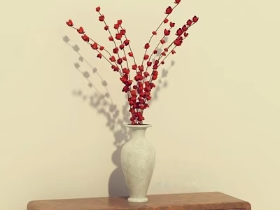 White Ceramic Vase with Red Flowers and Shadows on Wooden Table Against Light Wall 3d model