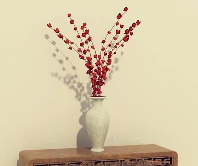 White Ceramic Vase with Red Flowers and Shadows on Wooden Table Against Light Wall 3d model