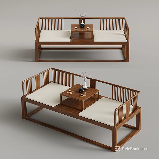 Traditional Chinese Wooden Bench Set With White Cushions And Tea Table Design 3d model 