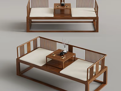 Traditional Chinese Wooden Bench Set With White Cushions And Tea Table Design 3d model