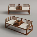 Traditional Chinese Wooden Bench Set With White Cushions And Tea Table Design