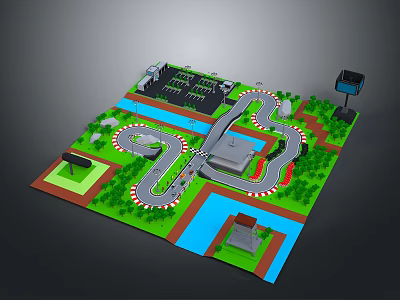 Scenic Landscape With Curved Roads Green Grass Blue Pond And Buildings 3d model