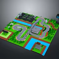 Scenic Landscape With Curved Roads Green Grass Blue Pond And Buildings