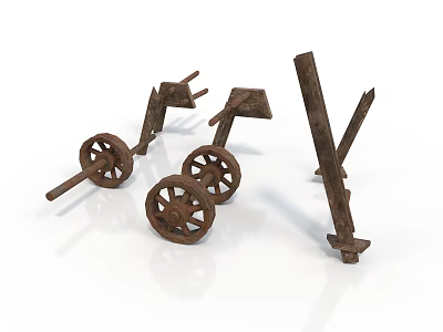 Rusted Vintage Train Parts With Metal Wheels And Brackets On White Background 3d model