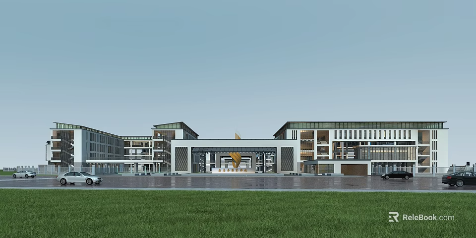 Modern School Building Design With Glass Curtain Walls Multiple Connected Buildings Open Plaza And Lawn 3d model 