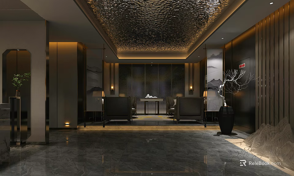 Elegant Modern Hotel Lobby With Water Ripple Ceiling And Marble Floor 3d model 