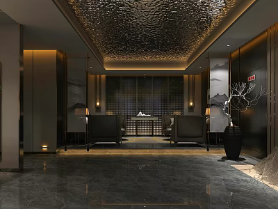 Elegant Modern Hotel Lobby With Water Ripple Ceiling And Marble Floor 3d model