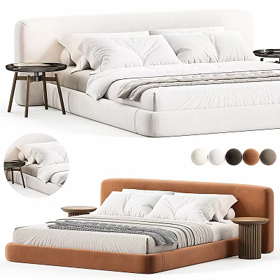 Modern Double Bed With Upholstered Headboard Multiple Color Options Soft Pillows And Wooden Side Table 3d model