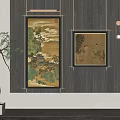 Chinese Interior Decoration With Mountain Landscape Figure Paintings Green Plant And Hanging Lamp