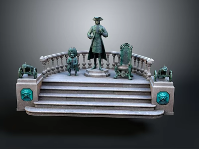 Elegant Historical Statue Display With Pedestal Small Statues Stone Steps And Railings 3d model