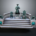Elegant Historical Statue Display With Pedestal Small Statues Stone Steps And Railings
