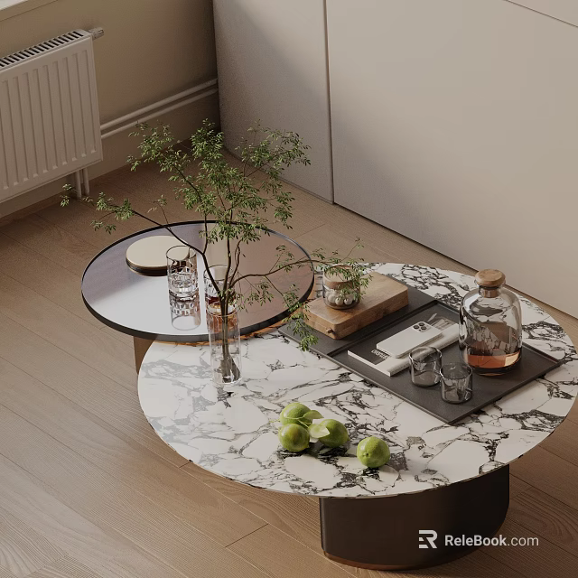 Modern Sofa Coffee Table Set With Marble Top Green Plants Fruits And Decorative Tray 3d model 