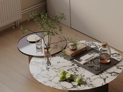 Modern Sofa Coffee Table Set With Marble Top Green Plants Fruits And Decorative Tray 3d model