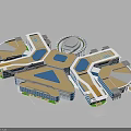 Modern Building Complex With Geometric Roofs Blue Open Areas And Connected Walkways 3d model