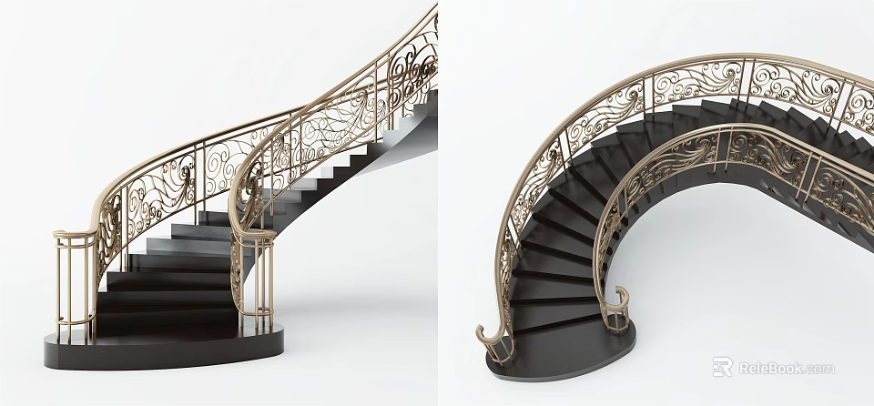 Elegant Spiral Staircase Design With Brass Carved Railings And Black Steps 3d model 