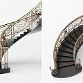 Elegant Spiral Staircase Design With Brass Carved Railings And Black Steps